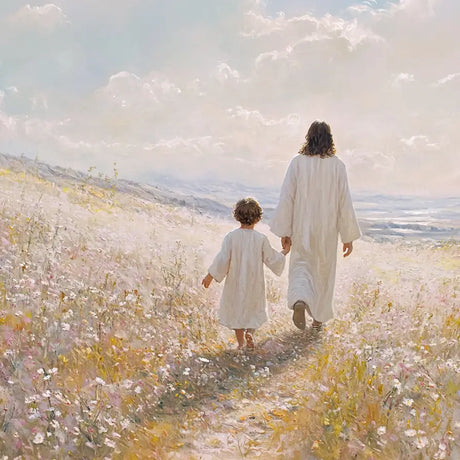 painting of jesus walking with a little boy in a wildflower meadow